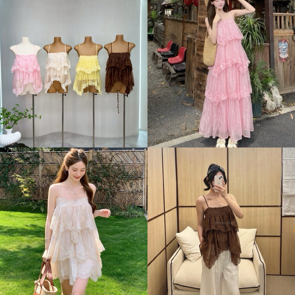 🚚พร้อมส่งรวมเดรสสั้น/ยาว-เสื้อสายเดี่ยวลูกไม้ฟีลคุณหนู ใส่แล้วละมุนมากกกก