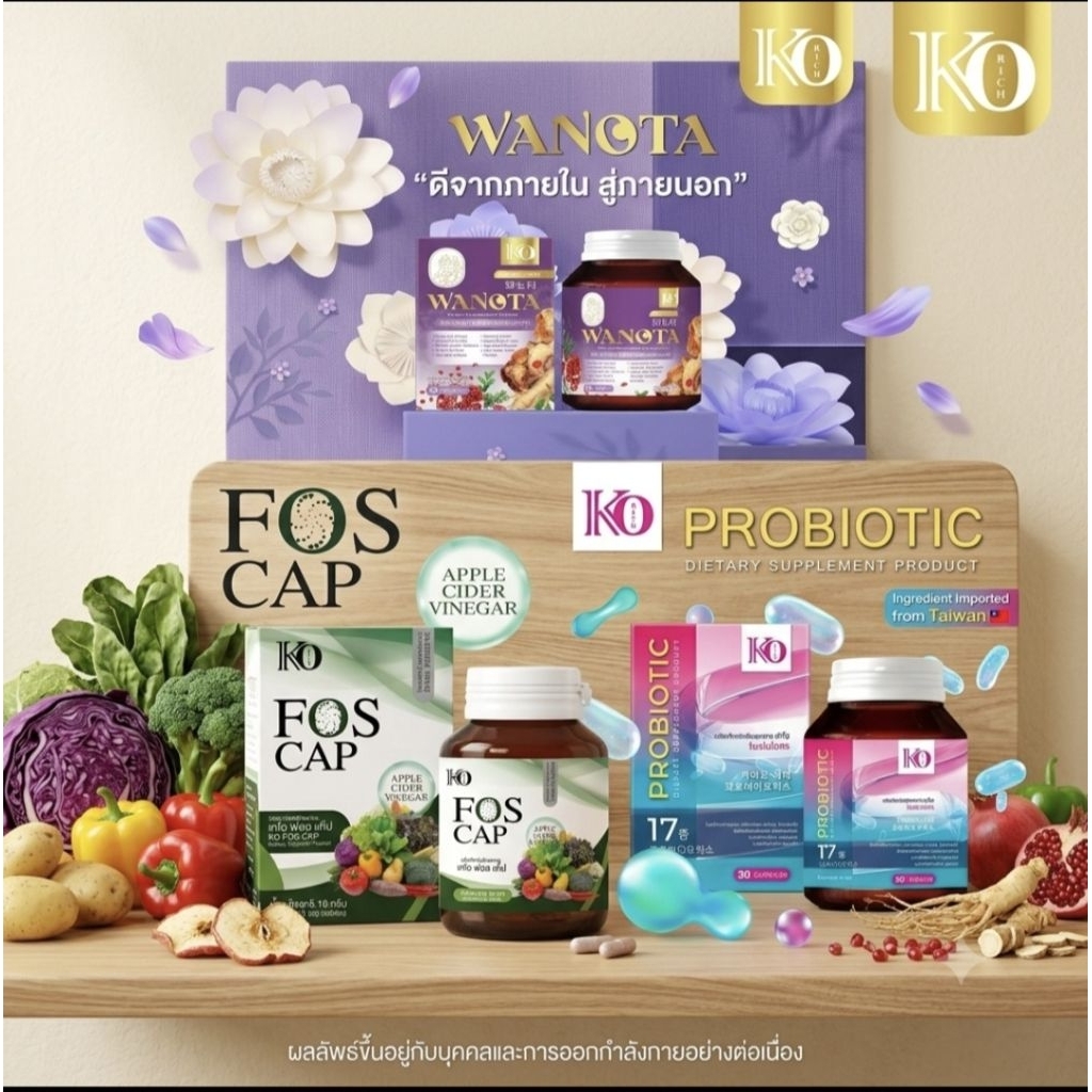 ผลิตภัณฑ์อาหารเสริม ไฟเบอร์เม็ด FOS CAP KORICH / โพรไบโอติก KO Rich PROBIOTIC / วาโนต้า เคโอริช  Korich Wanoto