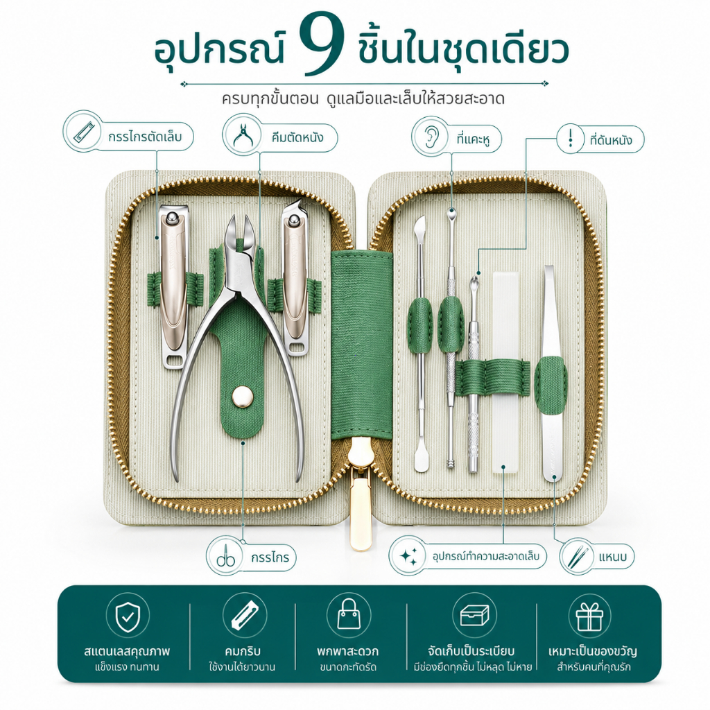 MR.GREEN ชุดกรรไกรตัดเล็บมือ เล็บเท้า แบบสเตนเลส 9 ชิ้น พร้อมกล่องเก็บ