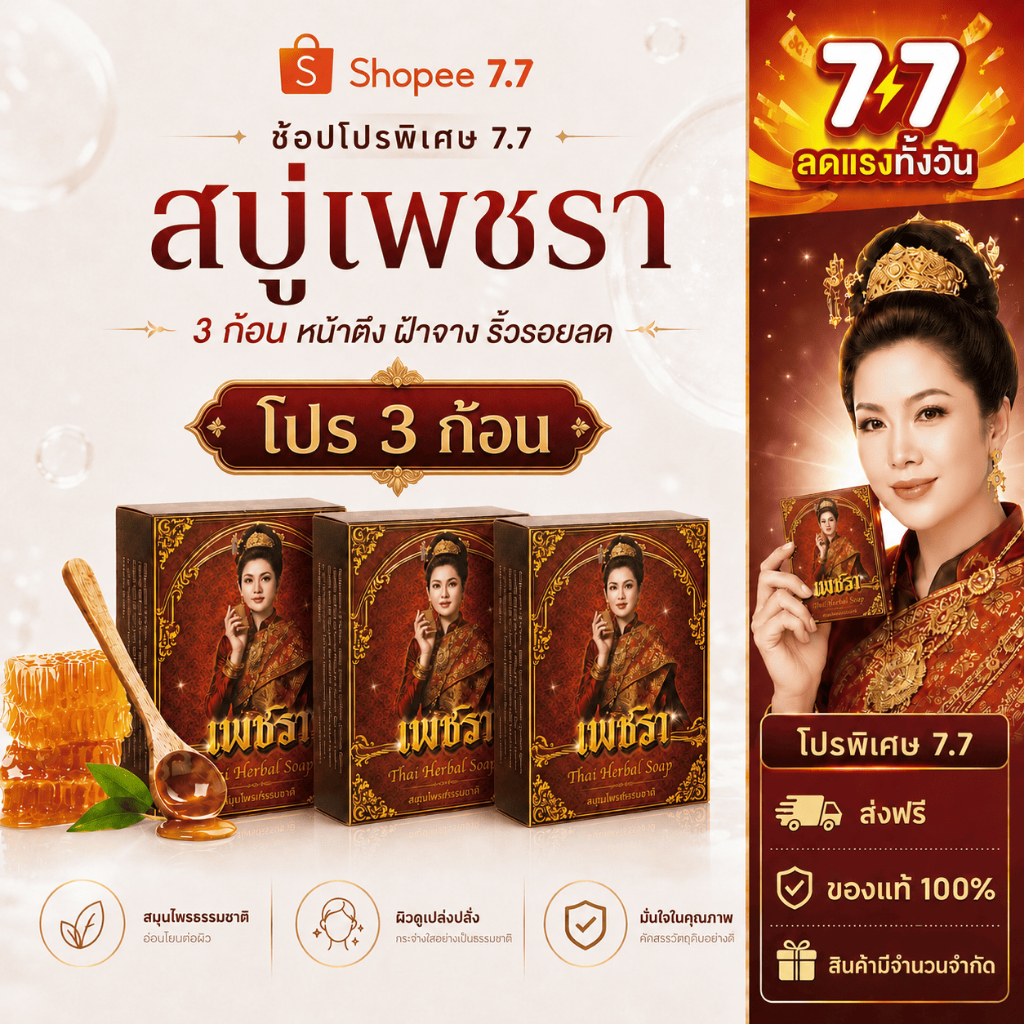 สบู่เพชรา Phetchara 3 ก้อน สบู่ล้างหน้า หน้าใส ผิวกระจ่างใส ลดเลือนจุดด่างดำ ผิวชุ่มชื้น ไม่แห้งตึง 100g