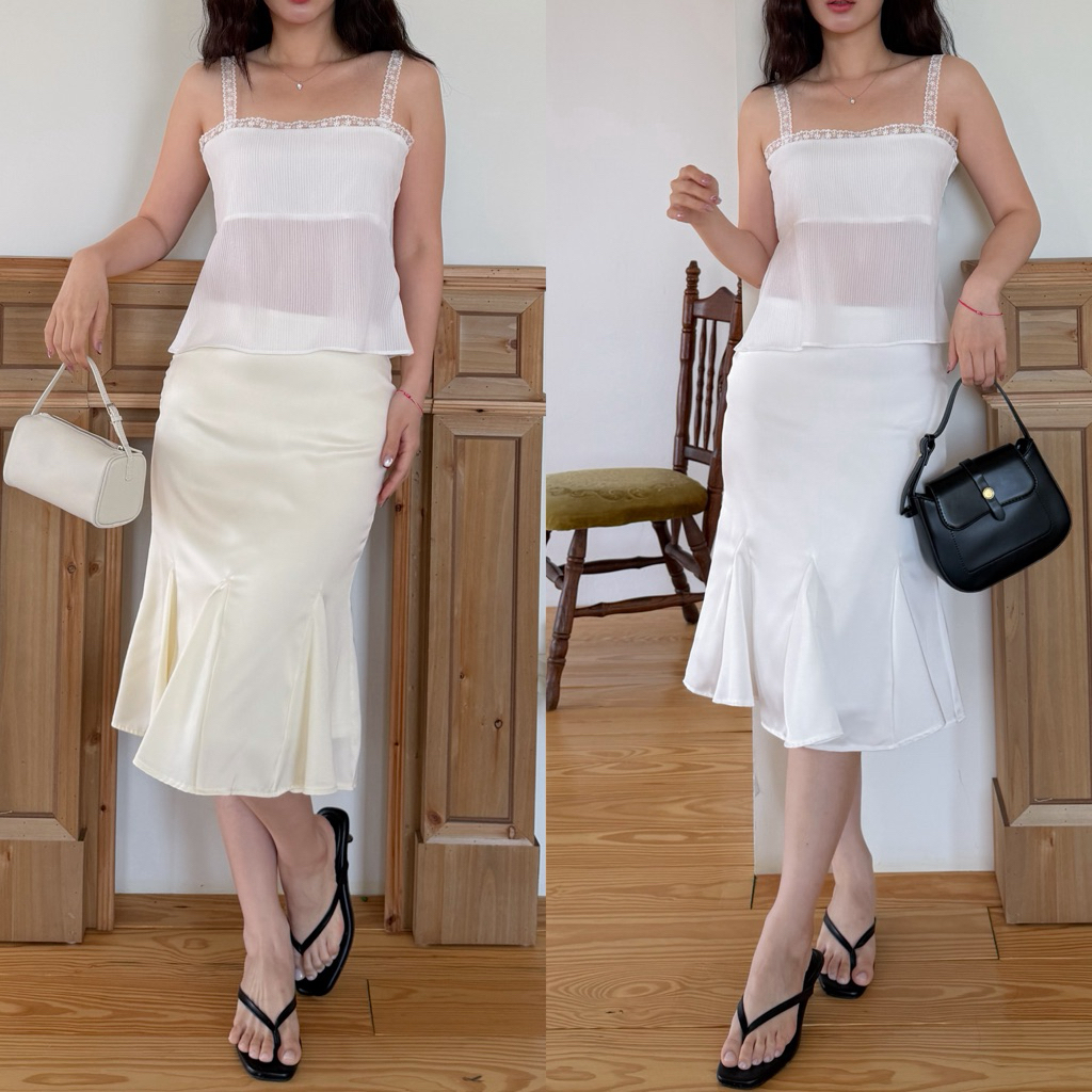SHOP.POPO-Dewvy midi skirt กระโปรงทรง midi skirt ชายระบายหางปลา