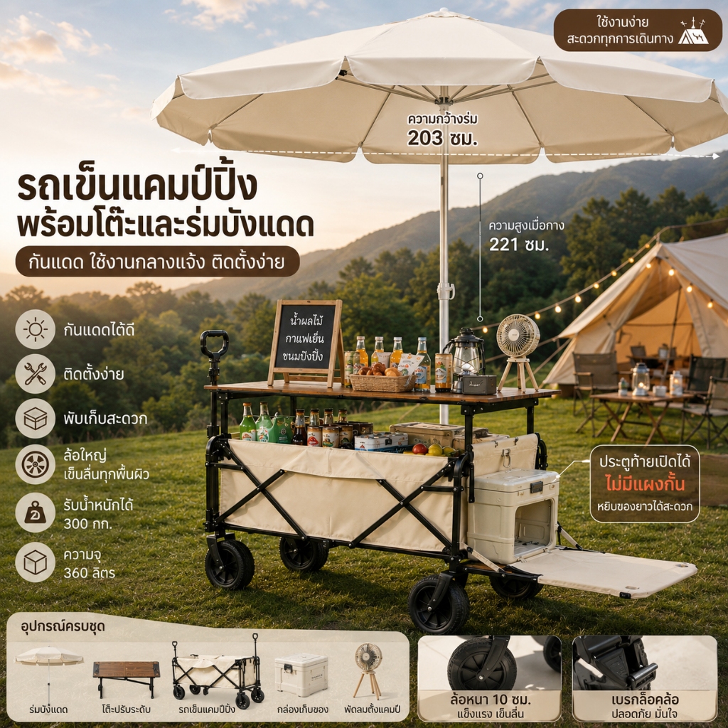 🔥ล้างสต๊อก ลด 50% รถเข็นแคมป์ปิ้งพับได้ 360L รับน้ำหนัก 300KG ล้อใหญ่ โครงเหล็กคาร์บอน