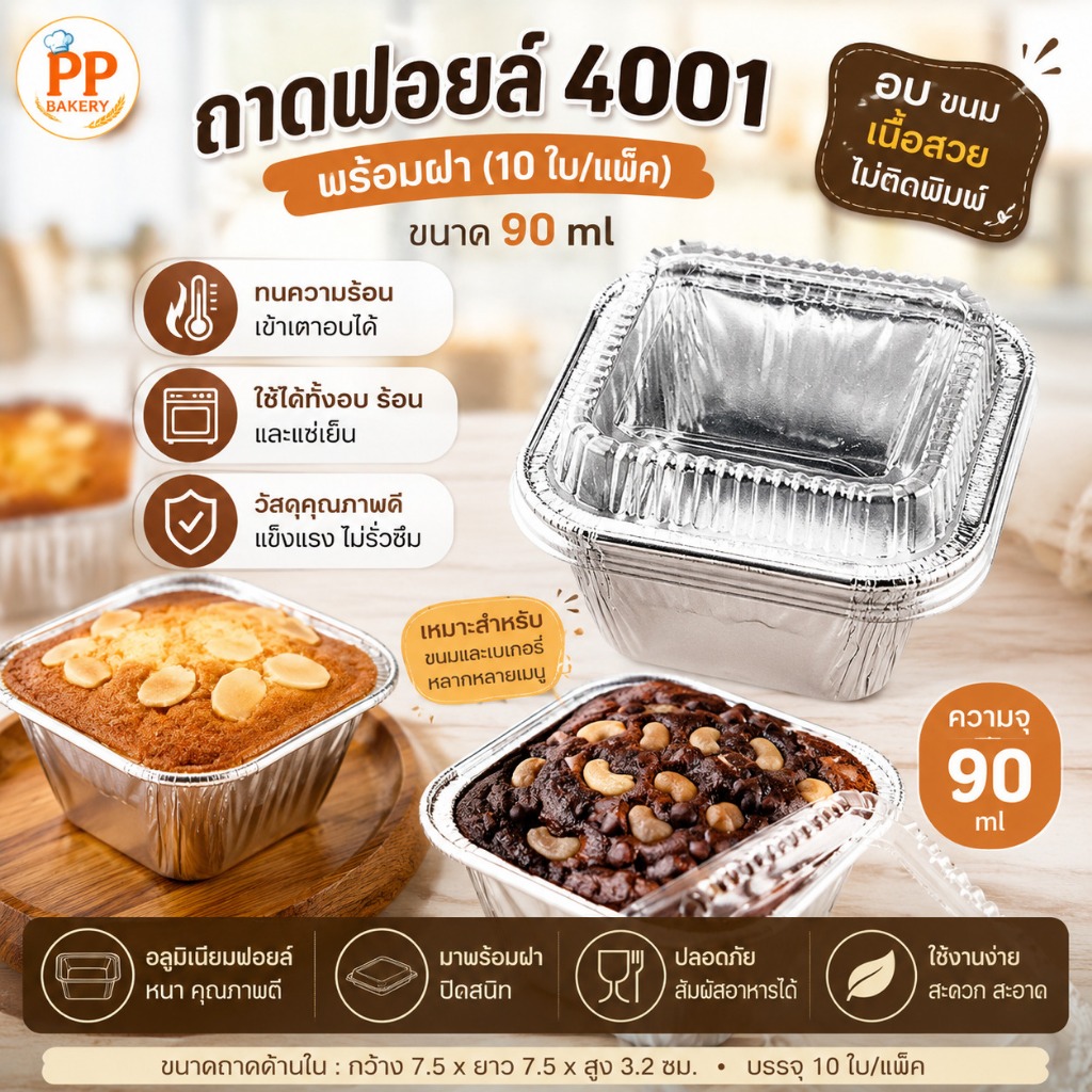 ถาดฟอยล์ 4001 พร้อมฝา (10ใบ/แพ็ค) 90ml ถาดฟอยล์อบขนม ถาดฟอยล์สี่เหลี่ยม ถ้วยฟอยล์อบเค้ก ทนความร้อน เ