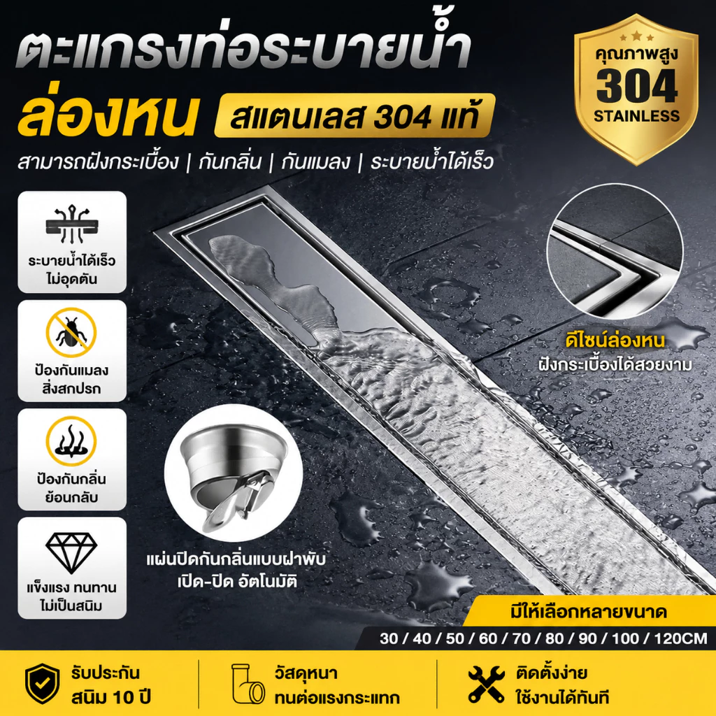 คุณภาพสูง 304 สแตนเลส สี่เหลี่ยมผืนผ้า ล่องหน ตะแกรงท่อระบายน้ํา สามารถฝังกระเบื้อง ป้องกันแมลง กันกลิ่นท่อระบายน้ํา ตะแ