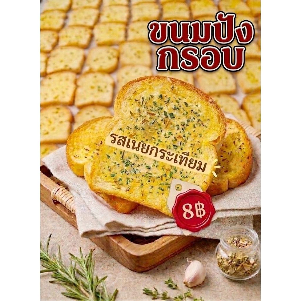 ขนมปังอบกรอบ🍞เนยกระเทียม🍞เนยน้ำตาล🍞พริกเผา🍞โกโก้ แอลมอนด์📌ไม่เกิน100ห่อต่อคำสั่งซื้อ