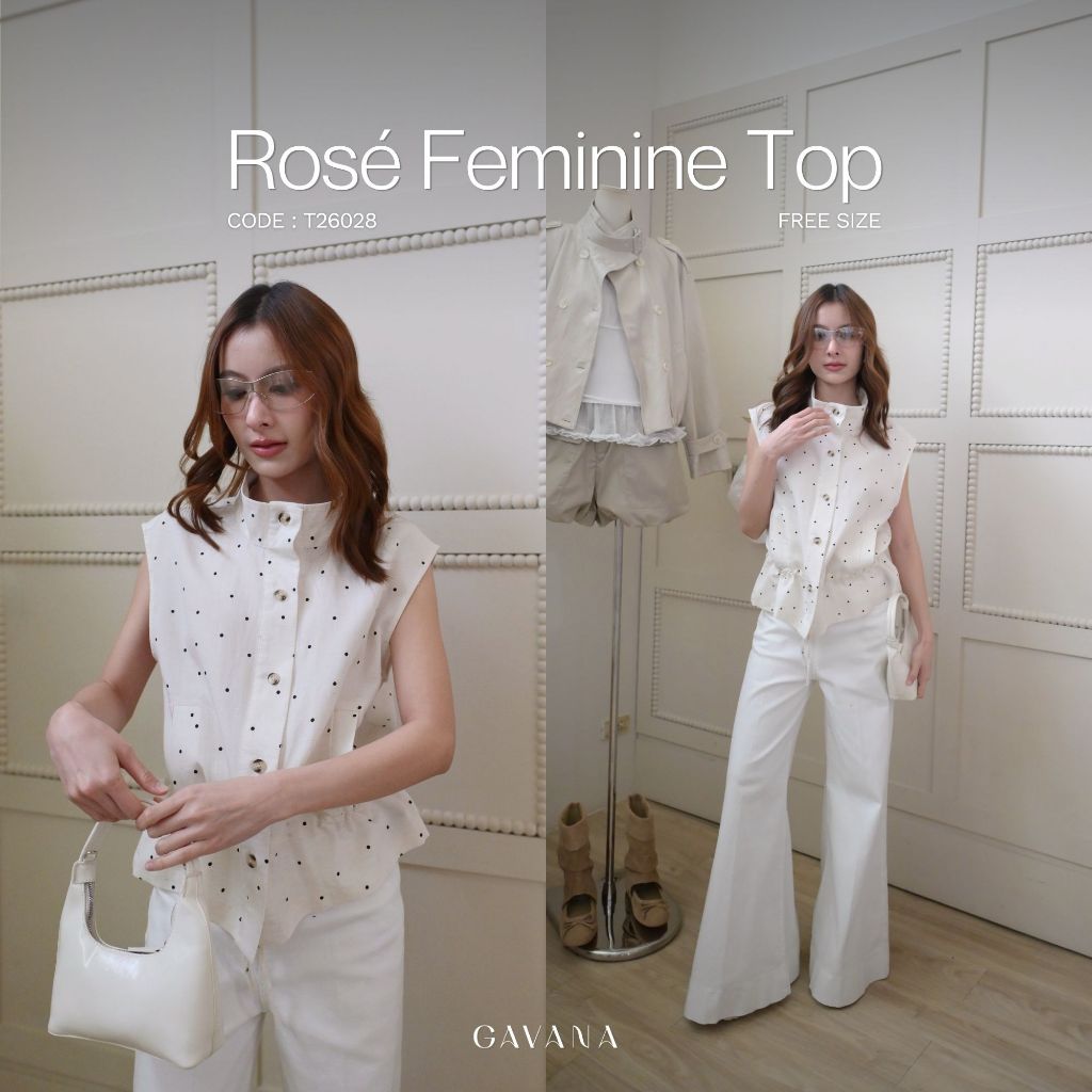 GAVANA Rosé Feminine Top เสื้อแขนกุดลาย Polka Dot คอตั้งช่วงเอวมีดีเทลจีบรูดระบาย #T26028