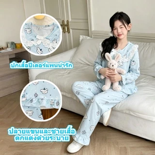 ชุดนอนเด็กผู้หญิงสไตล์เกาหลีสุดน่ารัก พิมพ์ลายการ์ตูนทั้งชุด ตกแต่งด้วยระบาย และปกปีเตอร์แพนประดับลูกไม้