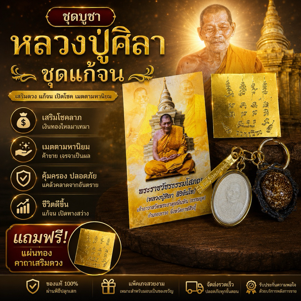 ชุดบูชาหลวงปู่ศิลา ชุดแก้จน(แถมแผ่นทองเหนือดวง คาถา ธูปทุกชุด)