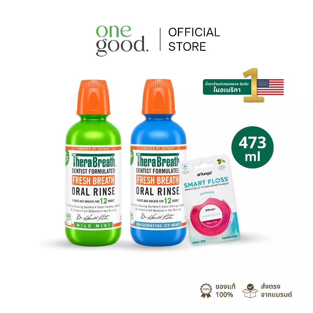 [ แพ็คคู่ดูแลปาก ] น้ำยาบ้วนปาก TheraBreath + ไหมขัดฟัน Smart Floss (คละสี) | จบปัญหากลิ่นปาก