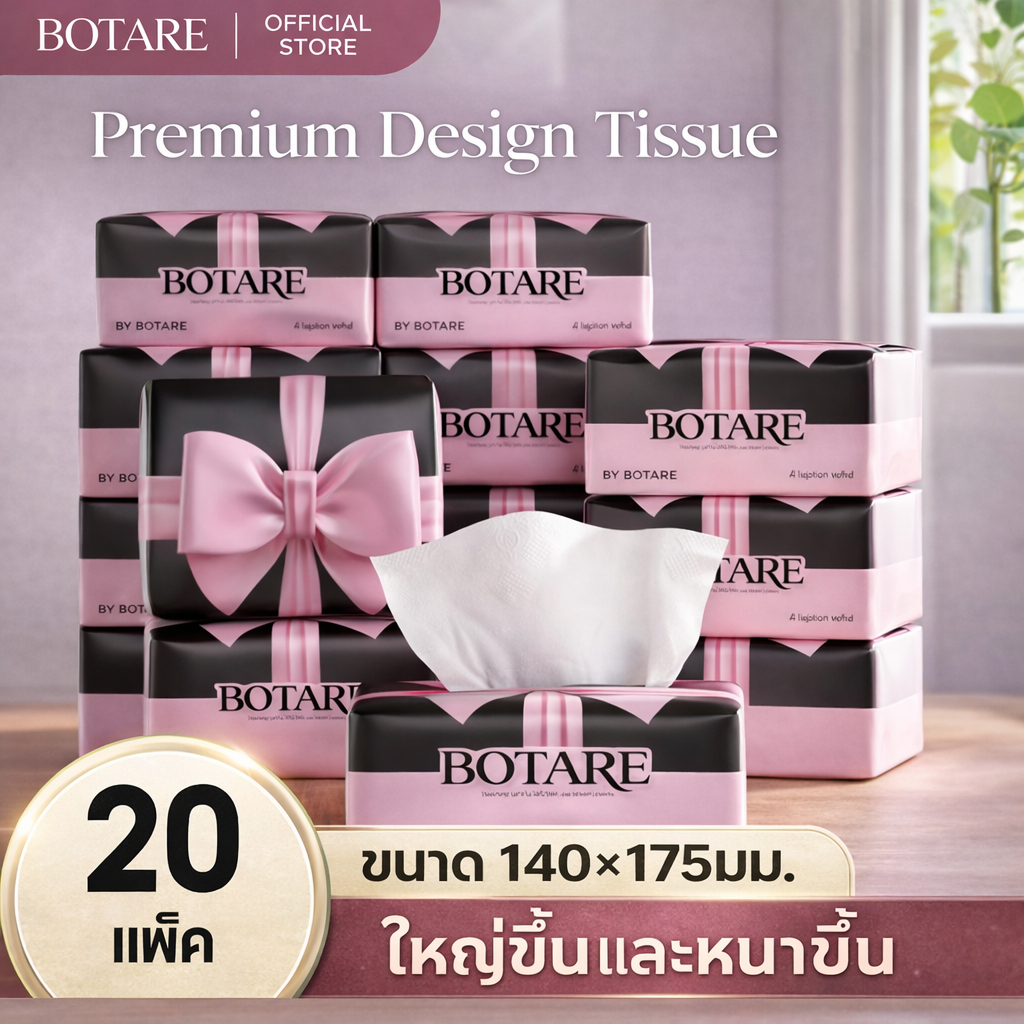 【20 แพ็ค】  Botare Air-cushion  กระดาษทิชชู่รุ่นโบว์  หนา 4 ชั้น 100 แผ่น (ขนาด 140 x 175 มม.)