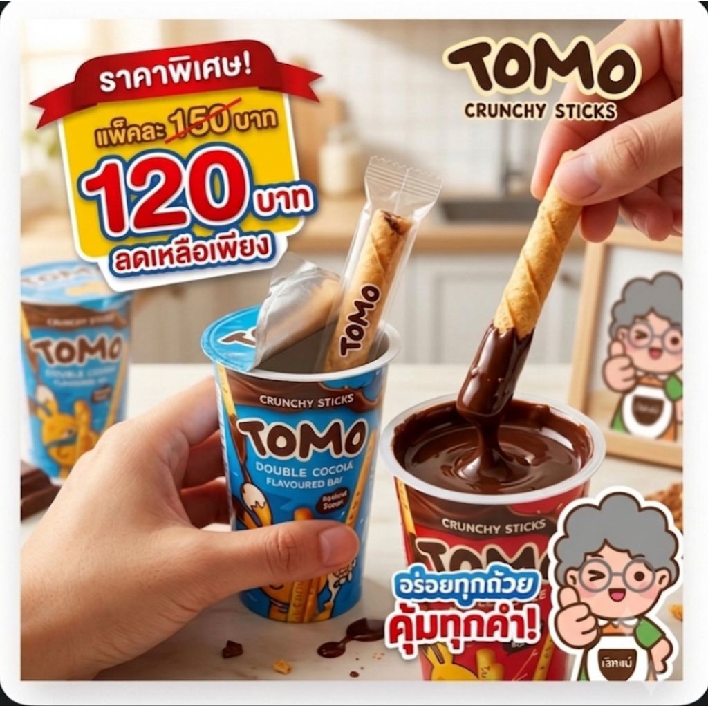 🔥 สายขนมต้องห้ามพลาด!🍫 TOMO Crunchy Sticksขนมแท่งกรอบ จิ้มซอสเข้มข้น อร่อยทุกคำ!✨ มีให้เลือก 3 รสชาติexp.09/2026