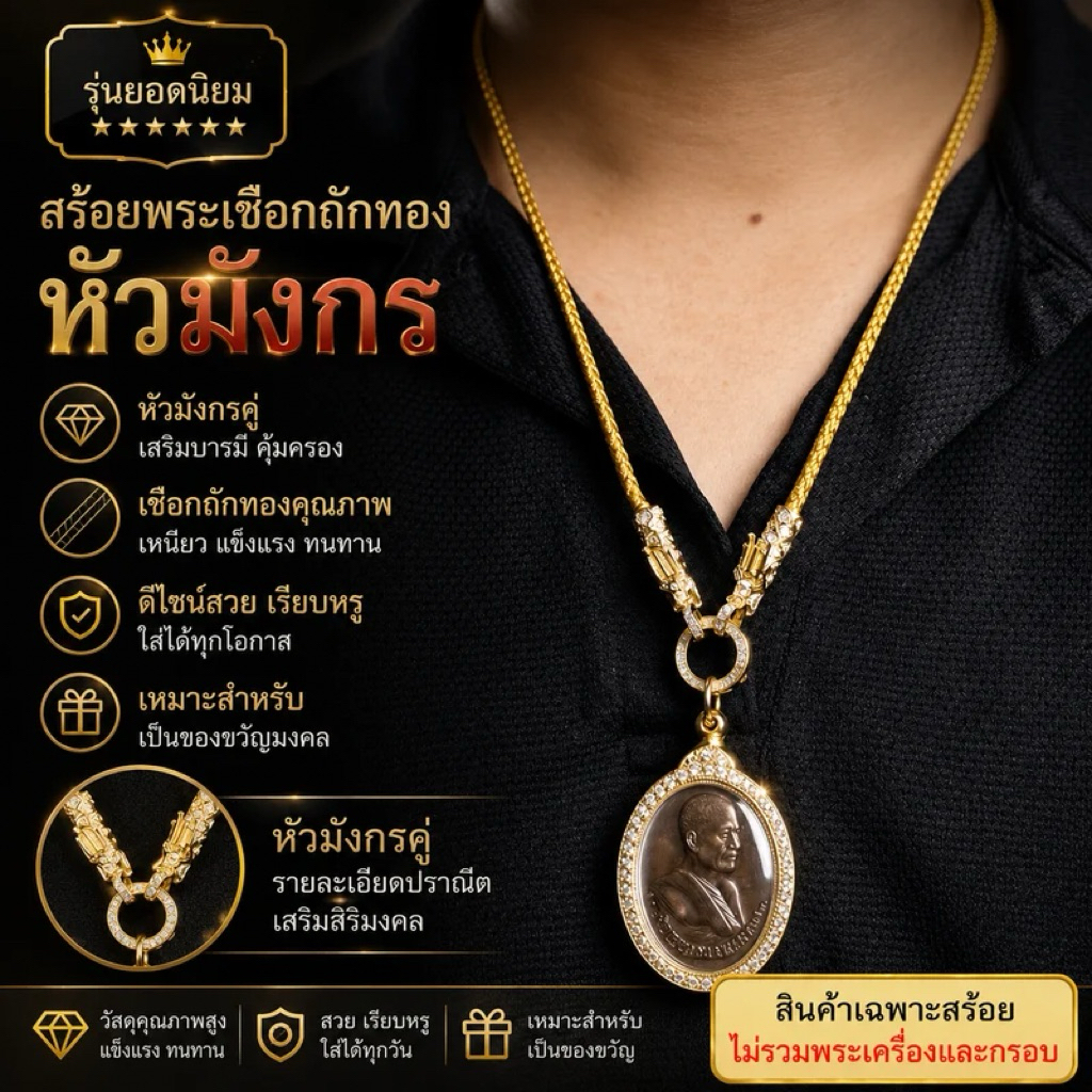 สร้อยพระเชือกถักสีทอง พร้อมหัวมังกรชุบทอง สำหรับเลี่ยมพระ เหรียญพระ เครื่องราง งานประณีต ใส่สบาย