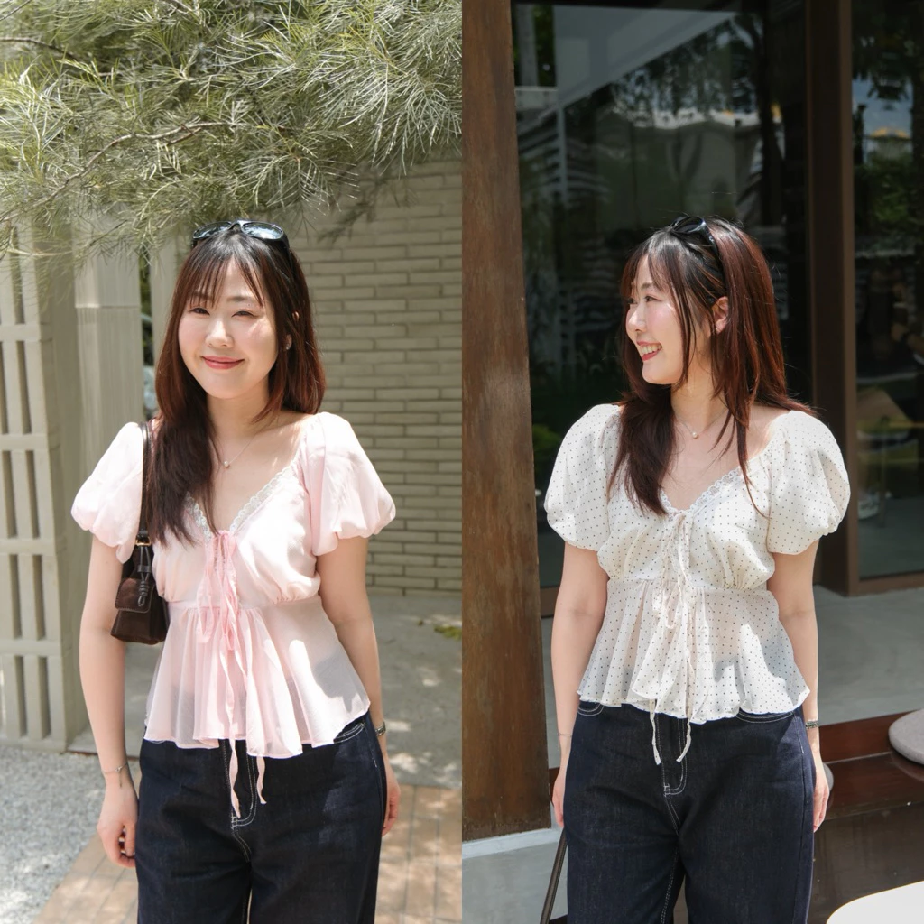Nami dot top👩🏻🦰Chakiya.store❣️เสื้อคอวีผูกโบว์ แขนบอลลูน (มีซับช่วงอก)