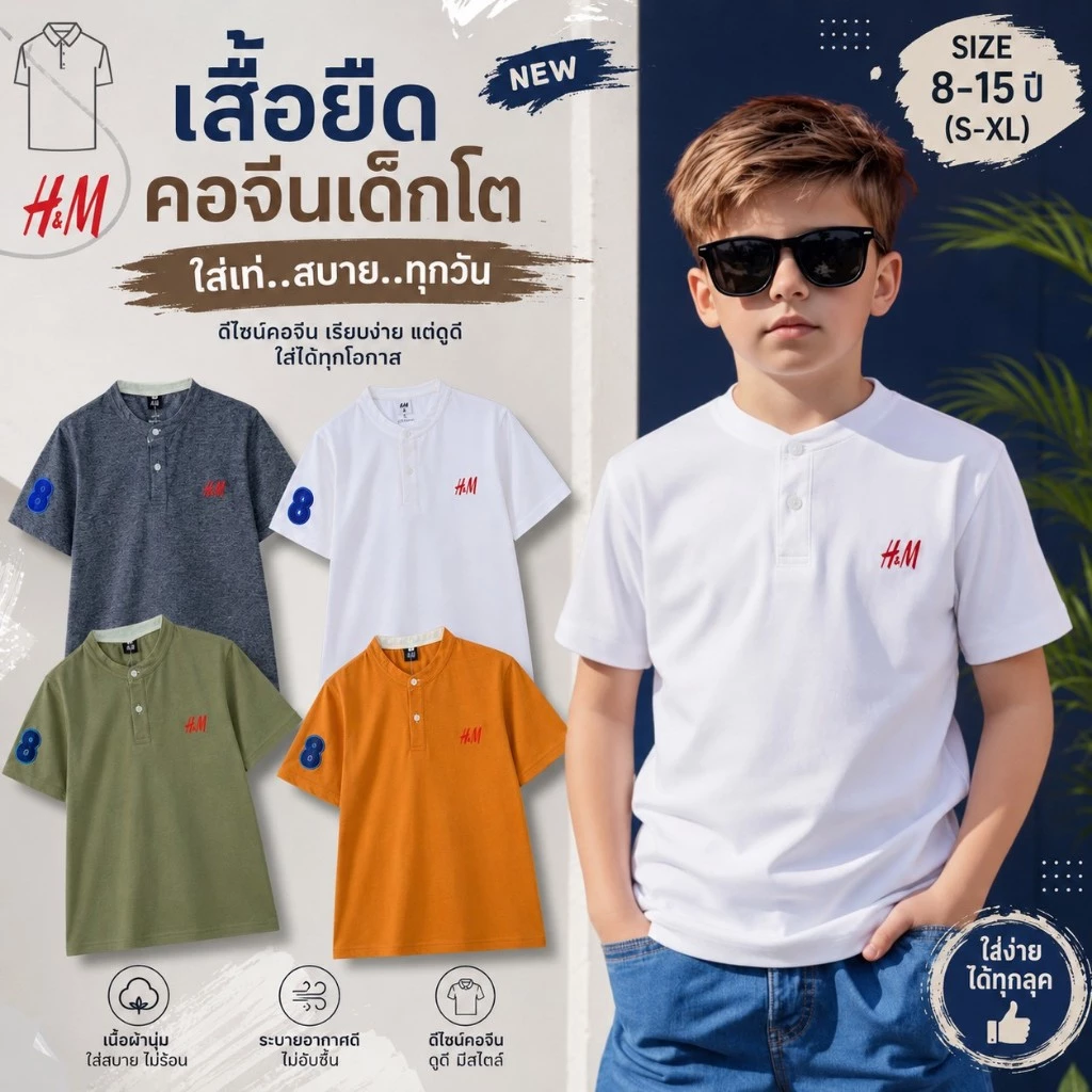 เสื้อคอจีนเด็กโต 8-16ปี ผ้านิ่มเด้ง ใส่สบาย ผ้าดี