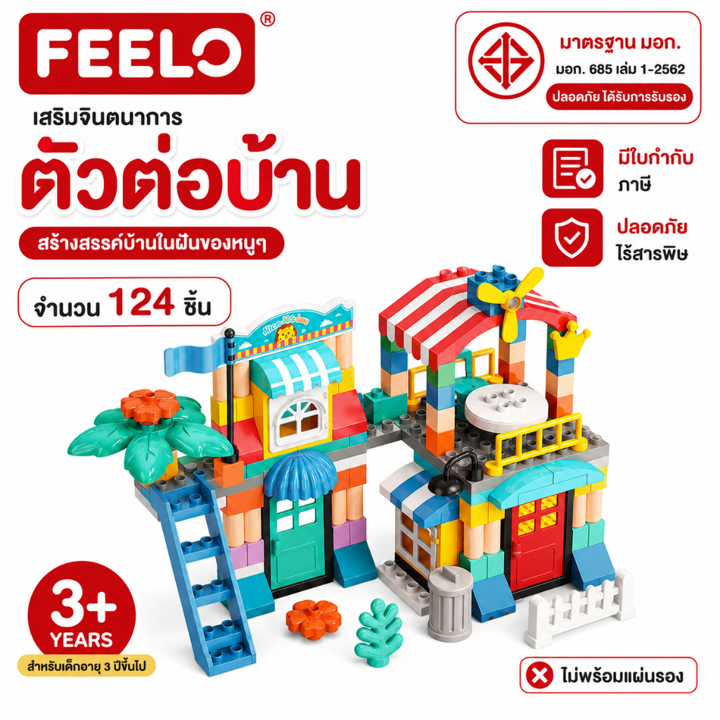 FEELO ตัวต่อบ้าน ขนาดใหญ่ บรรจุ 124 ชิ้น (สินค้าไม่พร้อมแผ่นเพลท)