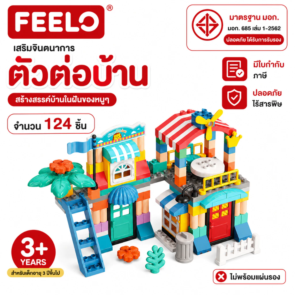 FEELO ตัวต่อบ้าน ขนาดใหญ่ บรรจุ 124 ชิ้น (สินค้าไม่พร้อมแผ่นเพลท)