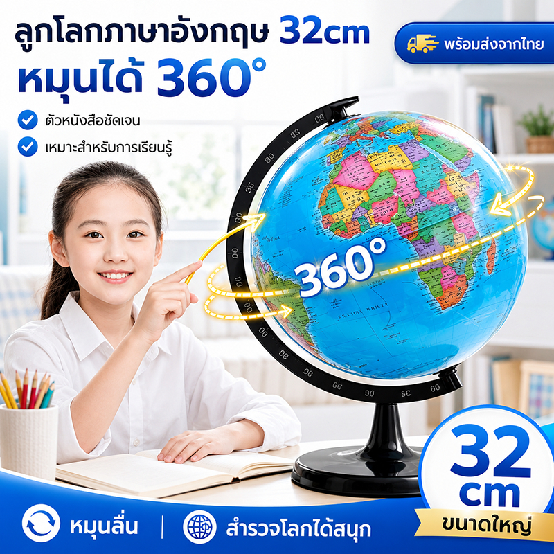 พร้อมส่ง ลูกโลกจำลอง 25/32cm ลูกโลกภาษาอังกฤษ หมุนได้ 360° แผนที่โลกตั้งโต๊ะ สื่อการสอนภูมิศาสตร์ ของขวัญเด็ก