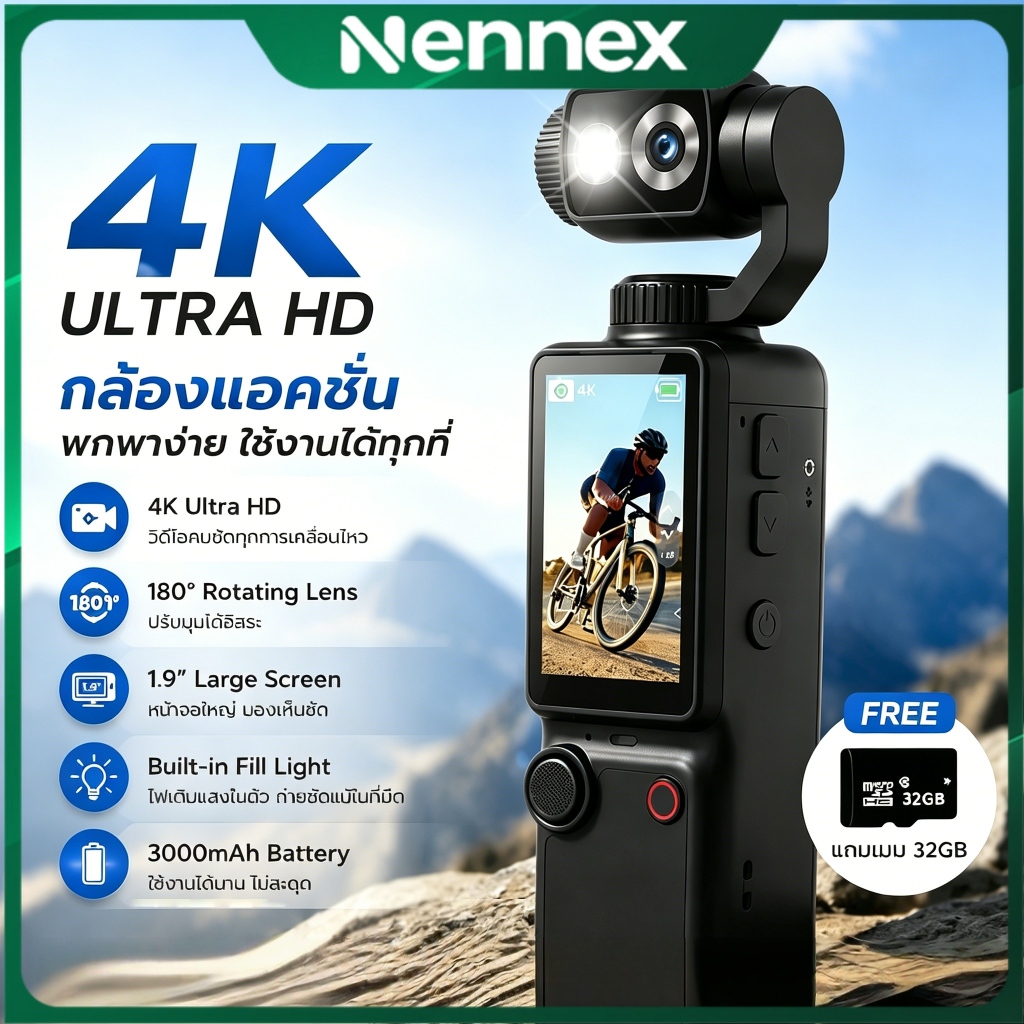 Nennex กล้อง Action Camera 4K พร้อมเมมโมรี่การ์ด 32GB หมุนได้ 180° พร้อมไฟเติม ถ่ายวิดีโอ Vlog พกพาสะดวก