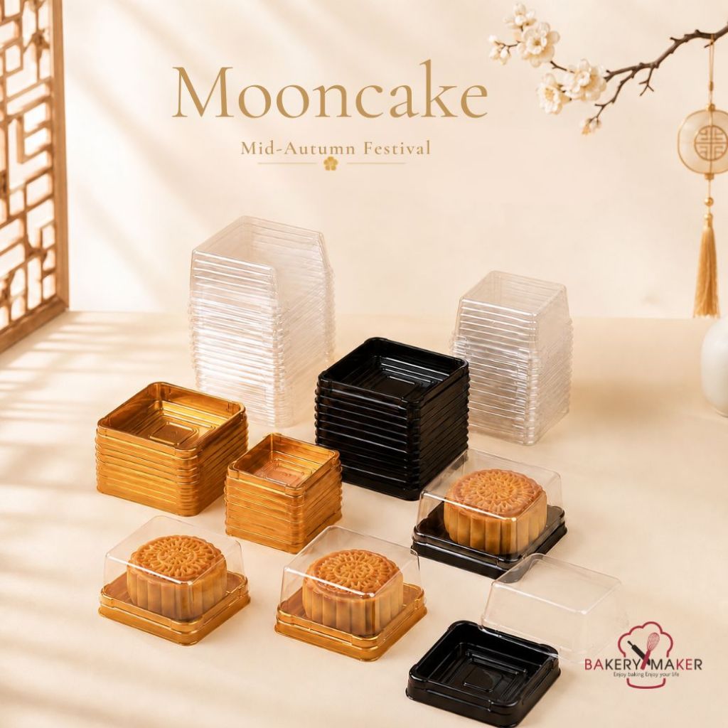 กล่องขนมไหว้พระจันทร์ 4 ขนาด ฐานสีทอง สีดำ กล่องโดมสี่เหลี่ยม 50 ใบ ขนมเปี๊ยะ ถาดพลาสติก ไหว้พระจันทร์ ช็อคโกแลต ไดฟูกุ