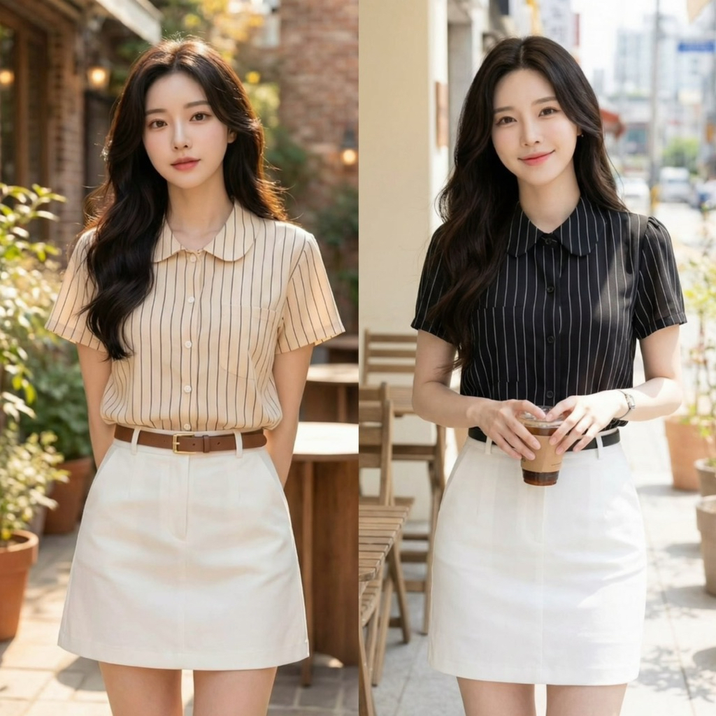 เสื้อคอปกบัวลายริ้ว รุ่น Blossy Chic