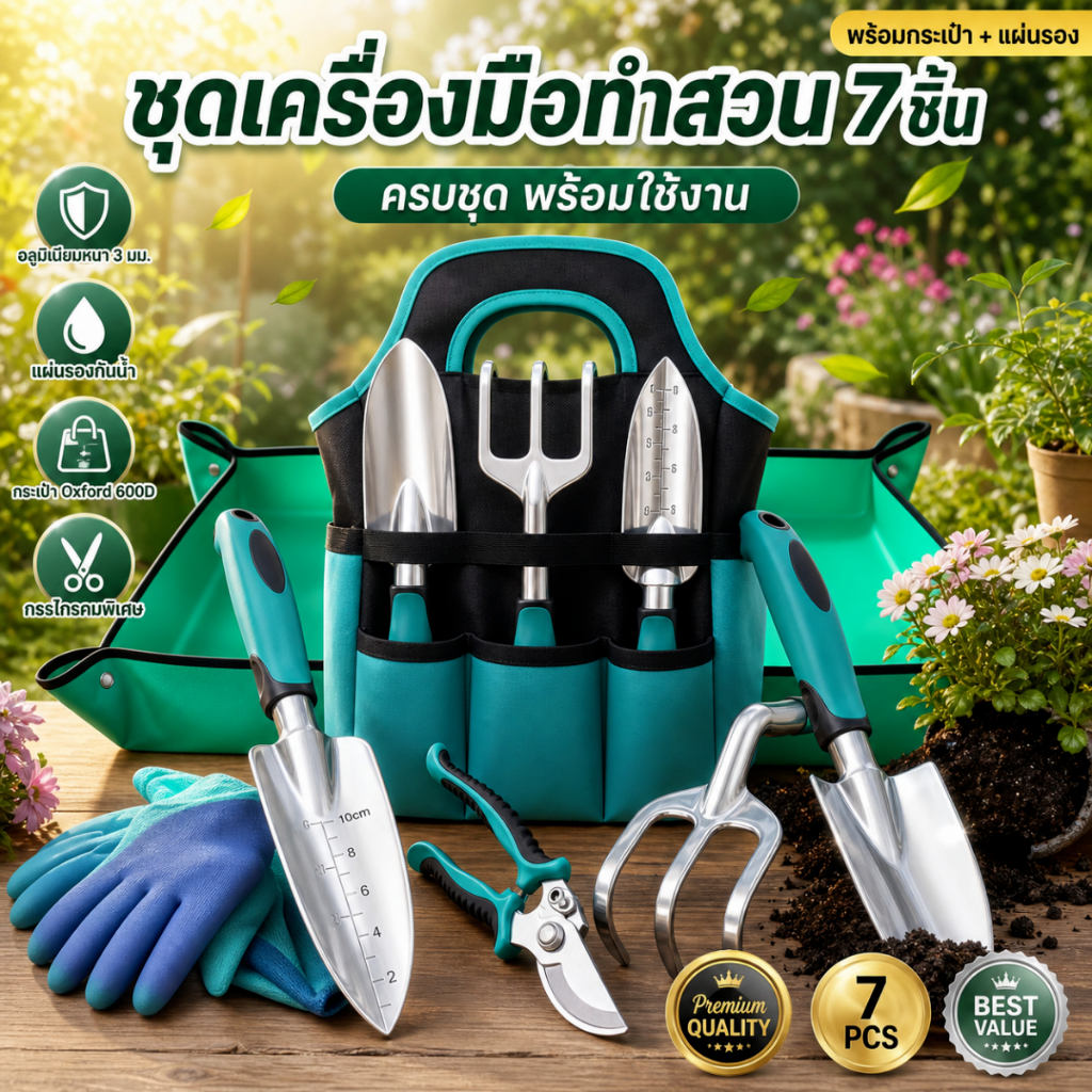 ชุดเครื่องมือทำสวน สำหรับมือใหม่ 7 ชิ้น พร้อมอุปกรณ์ครบชุด ปลูกต้นไม้ เปลี่ยนกระถาง ตัดแต่งกิ่ง