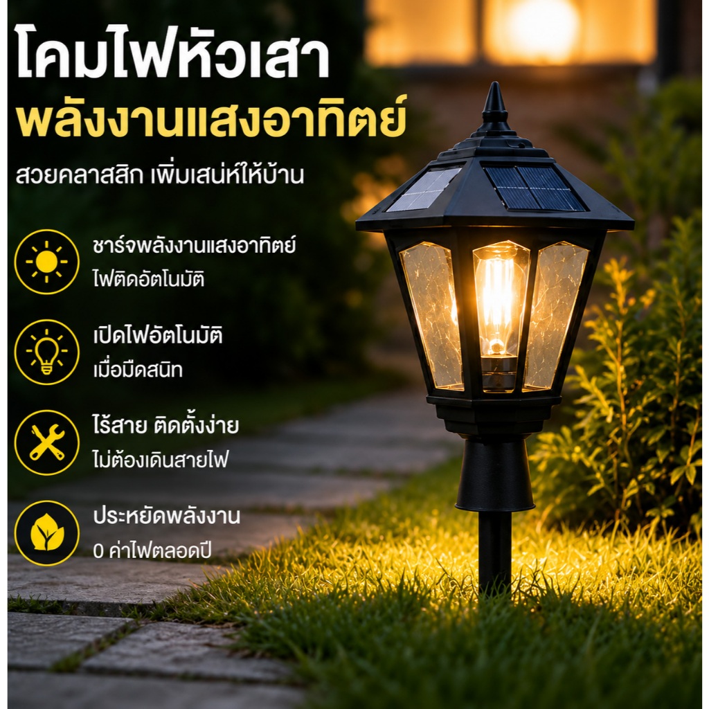 โคมไฟหัวเสาโซล่าเซลล์ สไตล์ยุโรป ไฟสวนโซล่าเซลล์ แสงวอร์มไวท์ กันน้ำ เปิดปิดอัตโนมัติ ใช้ได้ 3 แบบ ปักสนาม ติดผนัง ตั้งบ
