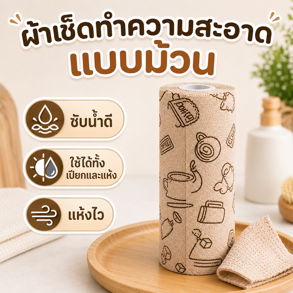 ผ้าเช็ดทำความสะอาดแบบม้วน ฉีกใช้ได้ ไมโครไฟเบอร์ ซับน้ำดี ใช้ซ้ำได้ เช็ดครัว บาร์ แก้ว 25x25ซม. 20แผ่น