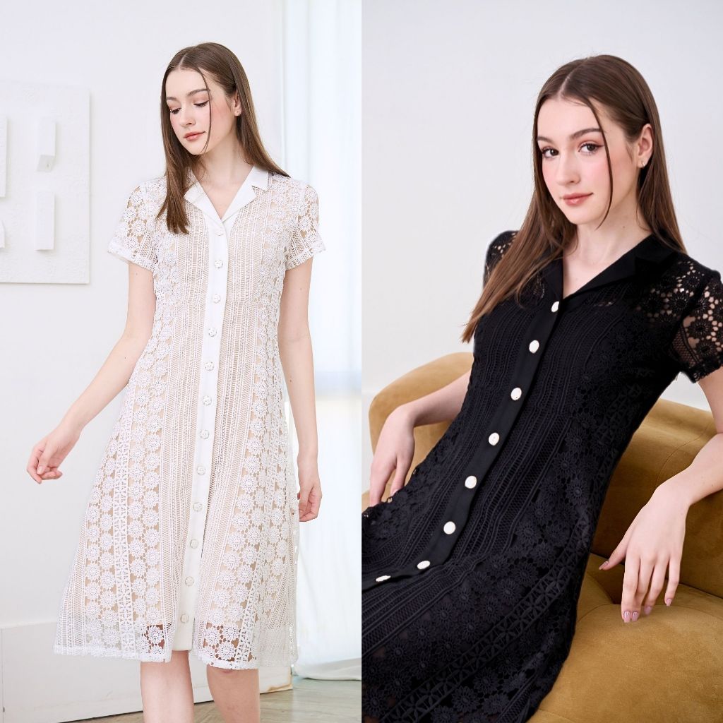 Cheryl brand - Jusella Midi Dress Floral Lace / เดรสผ้าลูกไม้ฉลุ ลายดอกไม้