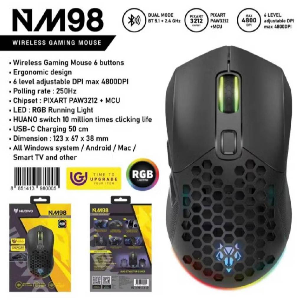 เมาส์เกมมิ่งไร้สาย Nubwo NM-98 - Demension : 123 x 67 x 38 mm