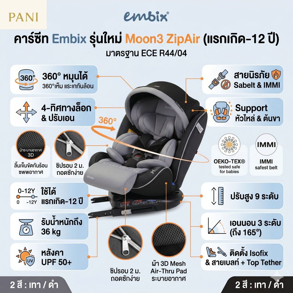 คาร์ซีท EMBIX MOON 3 Zipair แรกเกิด -12 ปี ประกัน 3ปี