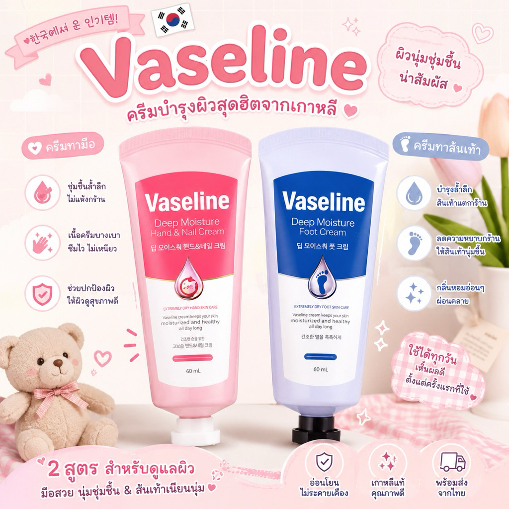 (สั่งในไลฟ์ลด50%) exp.2027 VASELINE DEEP MOISTURE FOOT CREAM วาสลีน ครีมทาเท้า ฮิตมากในเกาหลี ใช้ดีมาก