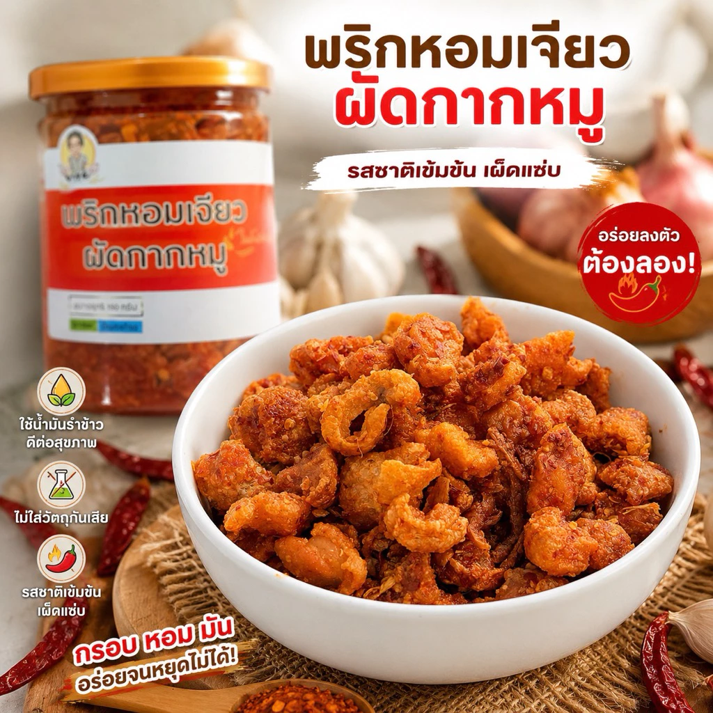 พริกหอมเจียวผัดกากหมู ในน้ำมันรำข้าว ย่าขอ รสชาติเค็มหวานน้อยเผ็ดกำลังดี ไม่ใส่วัตถุกันเสีย
