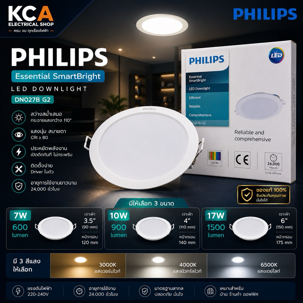 PHILIPS โคมไฟดาวน์ไลท์ฝังฝ้า Panel LED 7W 10W 17W แสงขาว DAY LIGHT รุ่น ESSENTIAL SMART BRIGHT DN027