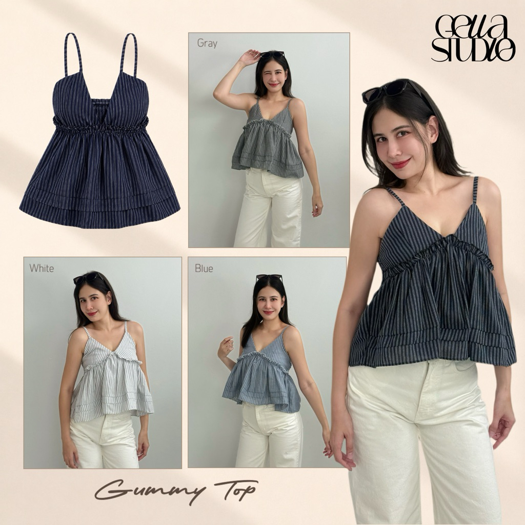 Gummy Top สายเดี่ยว(ไม่มีฟองน้ำ)แต่งระบายสายปรับระดับได้ (GELLA)