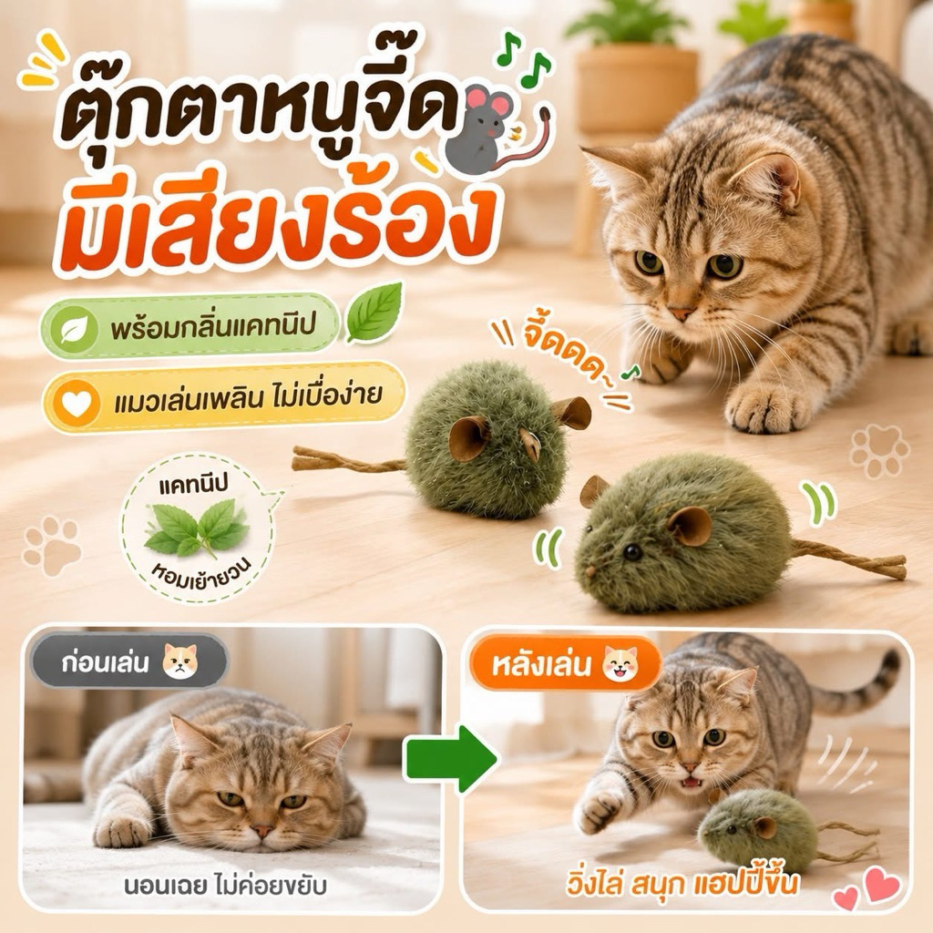 NEW🐈🐈ของเล่นน้อง ล็อตใหม่ หนูขนฟู มีเสียง เมื่อสกิดตัวหนู ขนาดยาว7CM ไม่รวมหาง