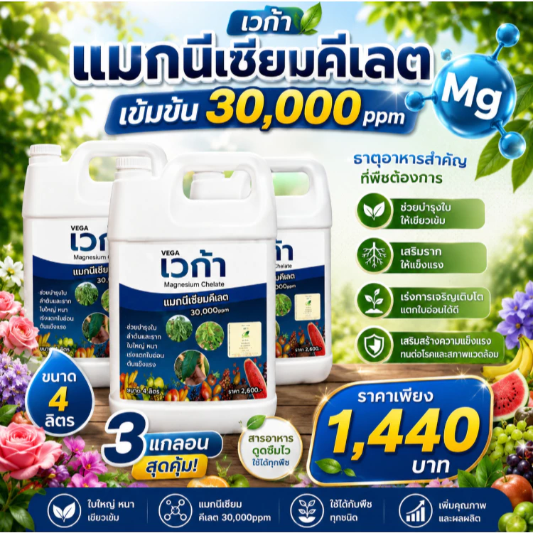 แมกนีเซียมพืช 4ลิตร (3แกลอน) ฟื้นฟูต้น เร่งการเจริญเติบโต ใบเขียว ใบเข้ม ใบหนา เร่งแตกแขนง แตกกอ รวม12ลิตร