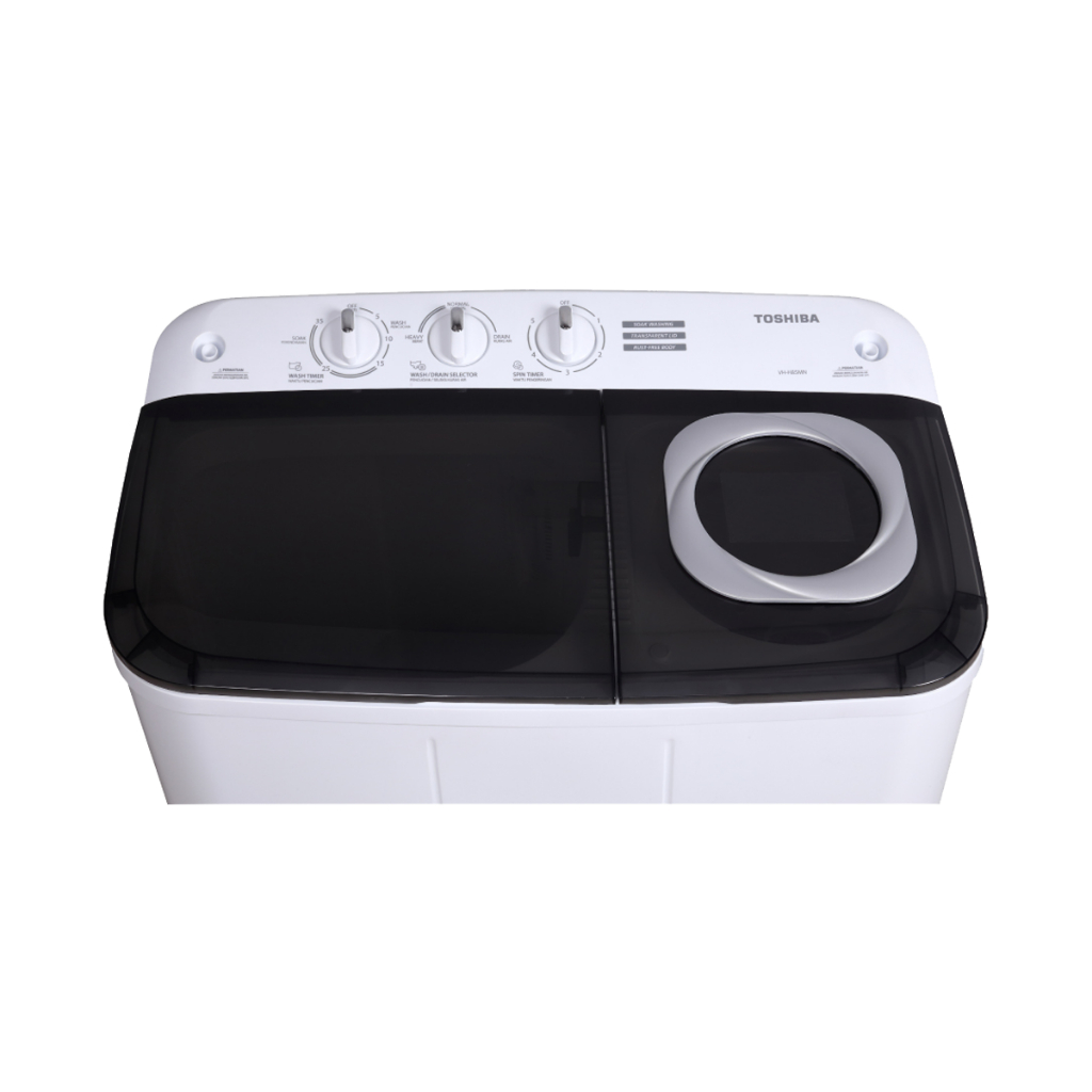 TOSHIBA เครื่องซักผ้า 2 ถัง 7.5 กก. รุ่น VH-H85MT ฝาโปร่งใส ฟังก์ชันแช่ผ้า 20 นาที ตัวถังโพลิเมอร์