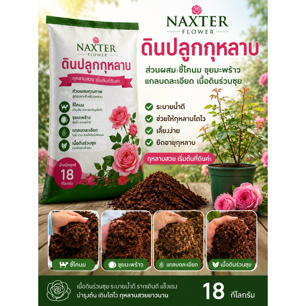 ดินปลูกกุหลาบดินดีอะไรก็ดี ไม่ควรมองข้ามเรื่องดินกุหลาบสวยเริ่มต้นที่ดิน ขนาด 18กก.ดินร้านนี้พร้อมดูแลกุหลาบทุกต้น