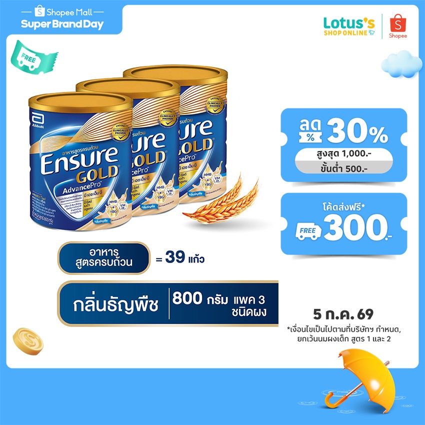 [ทั้งหมด 3 กระป๋อง] เอนชัวร์ อาหารสูตรครบถ้วน กลิ่นธัญพืช สูตรหวานน้อย ชนิดผง ขนาด 800 กรัม ENSURE GOLD WHEAT 800 G.