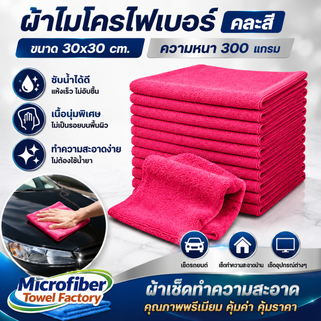 ลูกค้าใหม่ 1 บาท ผ้าเช็ดทําความสะอาด ผ้าไมโครไฟเบอร์ ขนาด 30x30 ความหนา 300 แกรม ผ้าเช็ดรถ ผ้าไมโครไฟเบอร์เช็ดรถ