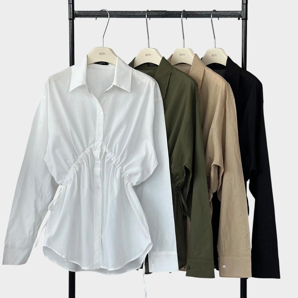 Atipashop - Gathered Shirt เสื้อเชิ้ต รูดเอว โอเวอร์ไซซ์ ดีไซน์เก๋ แฟชั่นสายฝอ ใส่ทำงานได้