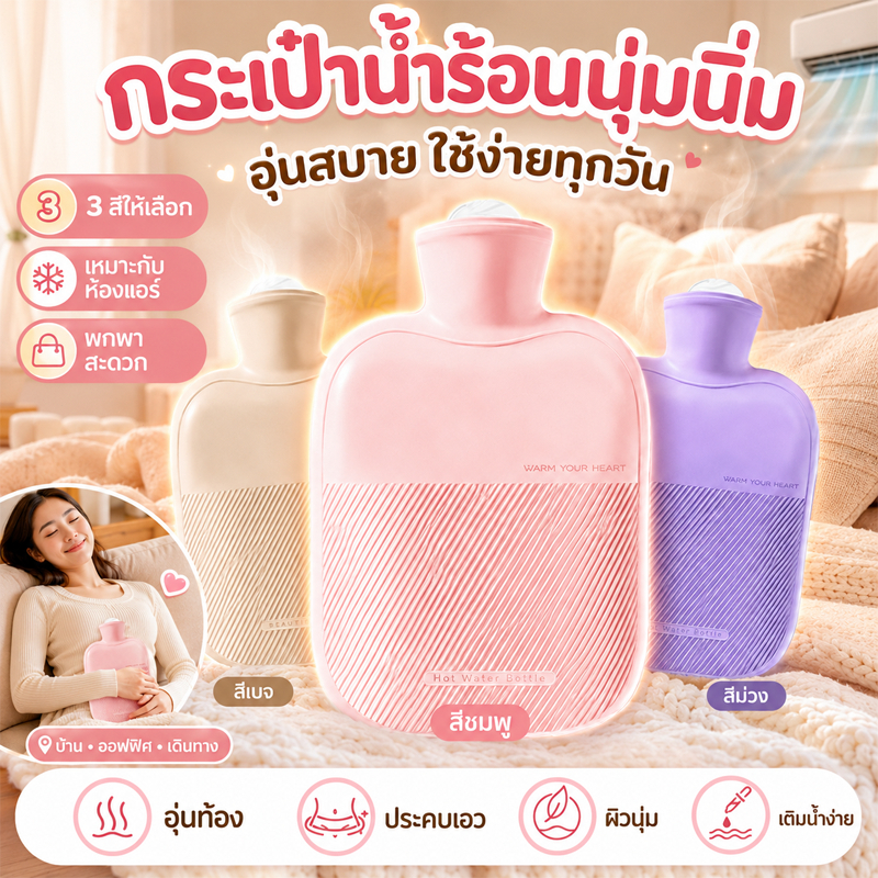 กระเป๋าน้ำร้อน ถุงน้ำร้อน ขนาด 1000ML ไม่มีกลิ่นยางปลอดภัย บรรเทาปวดเมื่อย คลายกล้ามเนื้อ แก้ปวดประจำเดือนอบอุ่น  COD
