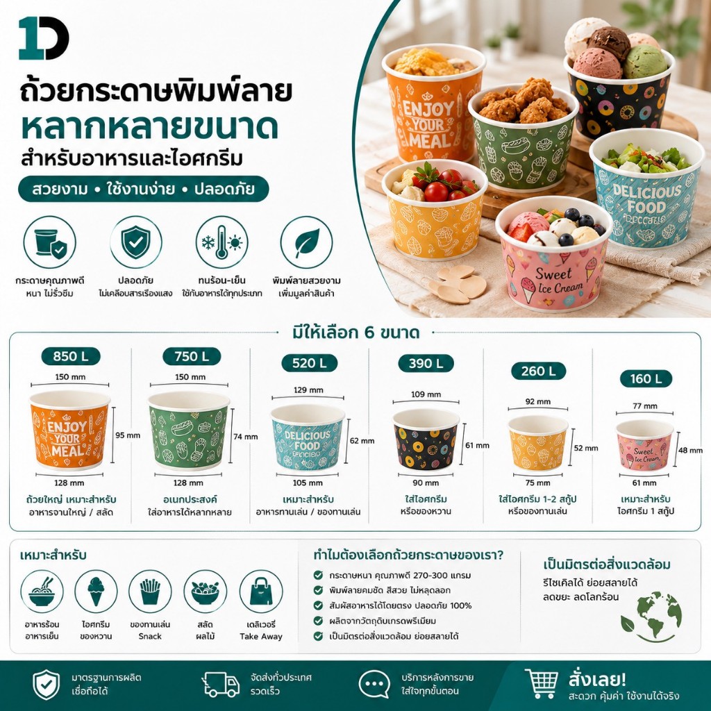 ถ้วยไอศกรีม ถ้วยกระดาษ ถ้วยใส่อาหาร ถ้วยไอติม 160/260/390/520/750/850ml ถ้วยสลัด ถ้วยของหวาน พิมพ์ลา