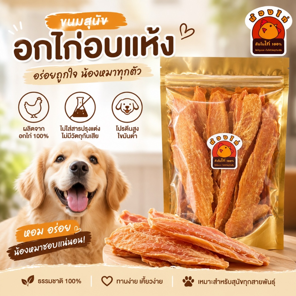 อกไก่อบแห้ง By น้องไก่ – โปรตีนสูง ไขมันต่ำ ไม่เค็ม สำหรับสุนัขและแมว