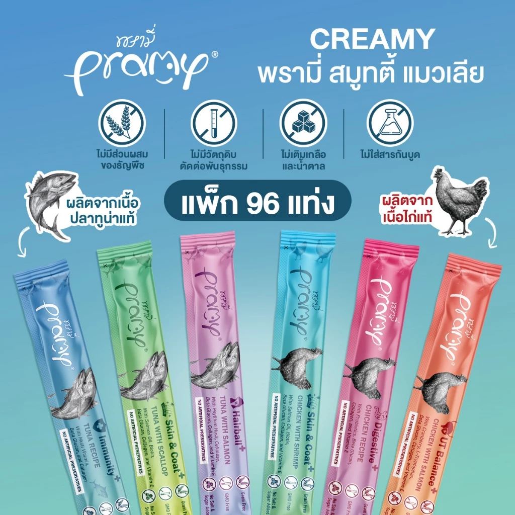 [96 แท่ง] Pramy พรามี่ สมูทตี้ แมวเลีย ผลิตจากเนื้อปลาทูน่าและเนื้อไก่แท้ ขนาด 14g บรรจุแพ็ก 4 แท่ง