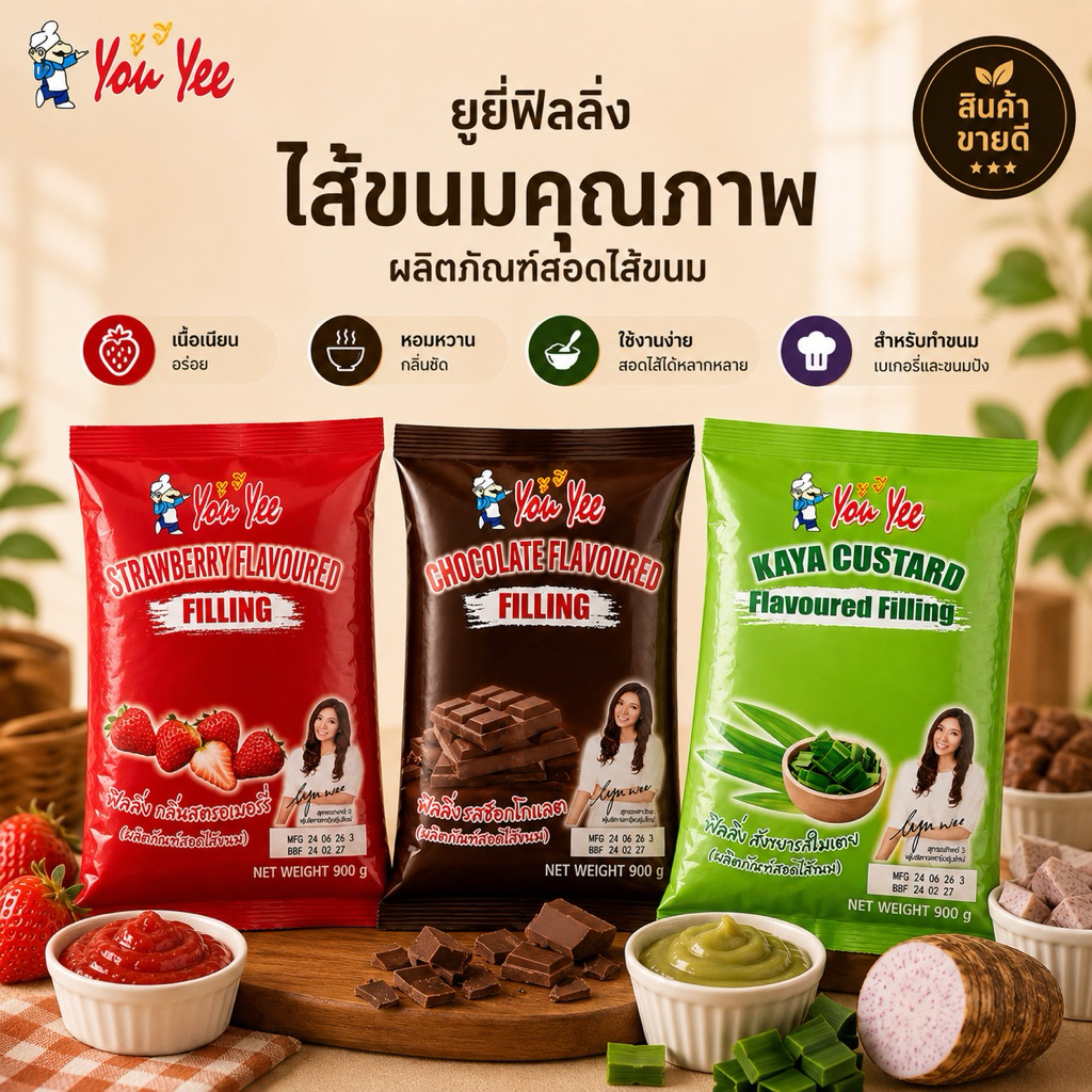 ฟิลลิ่ง ไส้ขนม ตรา YouYee 900 กรัม รสเผือก สังขยา สตอเบอรี่ ชอคโกแลต สำหรับตกแต่งขนม