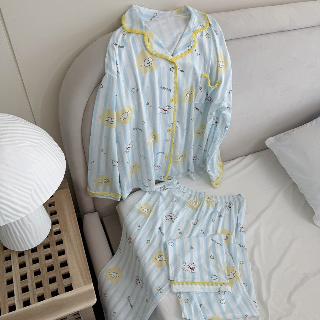 (Bunny bear) sunny cloudy - ชุดนอนมินิมอล ขนาดฟรีไซส์ อก 44 ผ้า cotton พรีเมี่ยม  แขนยาวขายาวสไตล์เกาหลี