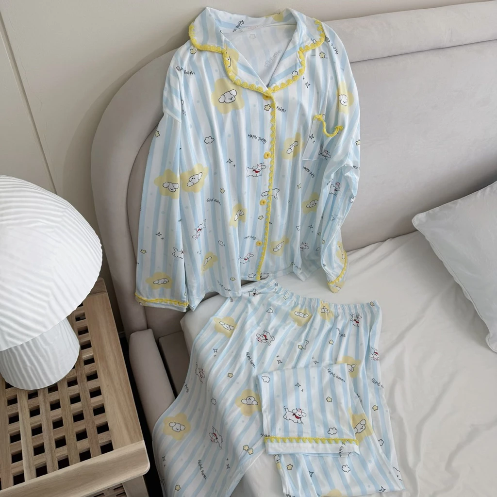 (Bunny bear) sunny cloudy - ชุดนอนมินิมอล ขนาดฟรีไซส์ อก 44 ผ้า cotton พรีเมี่ยม แขนยาวขายาวสไตล์เกาหลี