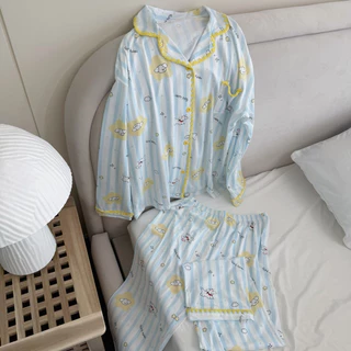 (Bunny bear) sunny cloudy - ชุดนอนมินิมอล ขนาดฟรีไซส์ อก 44 ผ้า cotton พรีเมี่ยม แขนยาวขายาวสไตล์เกาหลี
