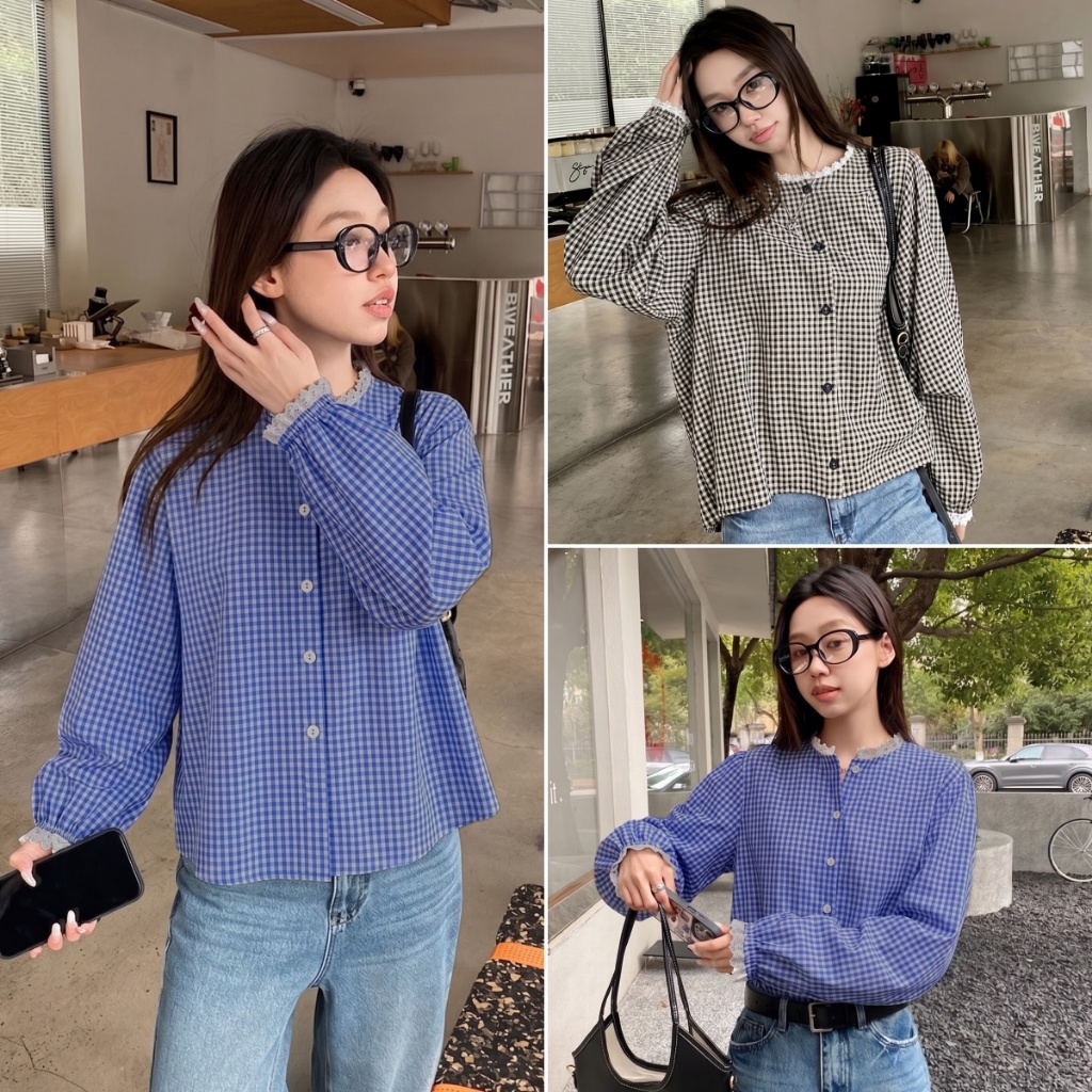 Bella Shop เสื้อแขนยาวผู้หญิง เสื้อเชิ้ตคอกลมลายสก็อตสีน้ำเงิน คอกลม ดีไซน์ประดับลูกไม้ หวานและทันสมัย